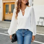 Shirt Blouse Women's White Solid Color Mesh Street Daily Fashion V Neck S