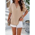 Shirt Blouse Women's Pink Wine Blue Plain Ruffle Casual Fashion V Neck Regular Fit S