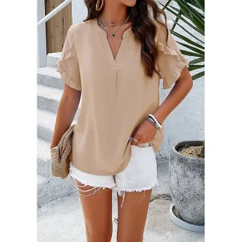 Shirt Blouse Women's Pink Wine Blue Plain Ruffle Casual Fashion V Neck Regular Fit S