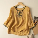 Shirt Blouse Women's Yellow Purple Green Plain Embroidered Street Daily Fashion Round Neck Regular Fit M
