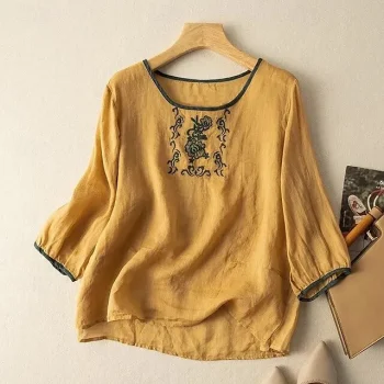 Shirt Blouse Women's Yellow Purple Green Plain Embroidered Street Daily Fashion Round Neck Regular Fit M