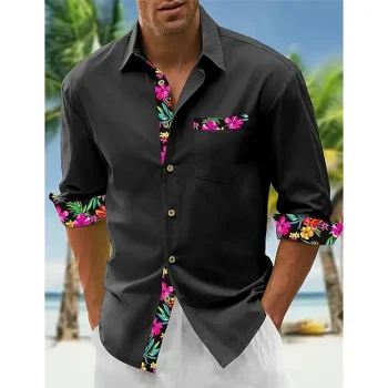 Men's Linen Shirt Shirt Button Up Shirt Beach Shirt Black White Pink Long Sleeve Floral Lapel Spring & Fall Casual Daily Clothing Apparel Splice