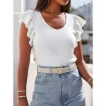 T shirt Tee Women's Black White Green Solid Color Ruffle Street Daily Fashion V Neck S