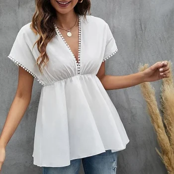 Shirt Blouse Women's White Plain Lace Flowing tunic Street Daily Fashion V Neck Regular Fit S
