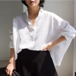 Linen Shirt Shirt Blouse Women's Black White Solid Color Button Street Daily Fashion Standing Collar Cotton Linen Loose Fit S