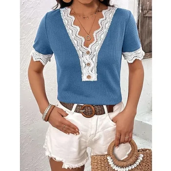 Women's T shirt Tee Summer Tops Waffle Plain Casual Blue Lace Patchwork Short Sleeve Fashion Modern V Neck Regular Fit Summer