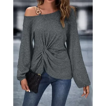 Shirt Blouse Women's Gray Solid Color Ruched Street Daily Fashion One Shoulder S