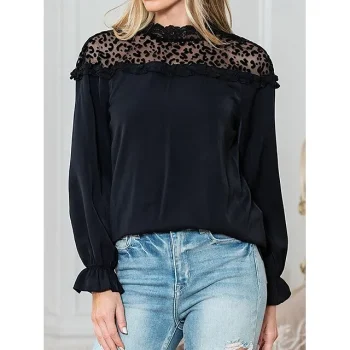 Shirt Blouse Women's Black Solid Color Lace Street Daily Fashion Round Neck S