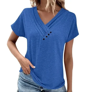 T shirt Tee Women's Black White Pink Plain Button Casual Fashion V Neck Regular Fit S