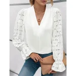 Women's Lace Shirt Shirt Blouse Plain Bell Sleeve White Lace Patchwork Long Sleeve Work Going out Fashion Modern V Neck Regular Fit Spring