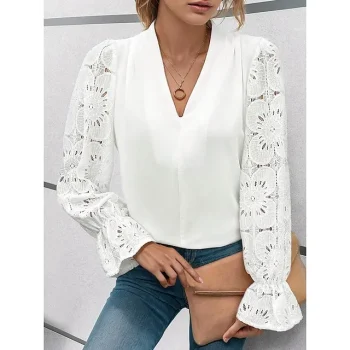 Women's Lace Shirt Shirt Blouse Plain Bell Sleeve White Lace Patchwork Long Sleeve Work Going out Fashion Modern V Neck Regular Fit Spring