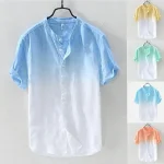 Men's Shirt Linen Shirt Button Up Shirt Summer Shirt Beach Shirt Yellow Blue Orange Short Sleeve Gradient Standing Collar Summer Street Hawaiian Clothing Apparel Button-Down