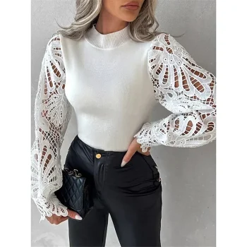 Blouse Women's White Plain Lace Patchwork Going out Fashion Streetwear Standing Collar Regular Fit S