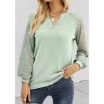 Shirt Blouse Women's Light Green Plain Lace Patchwork Casual Fashion V Neck Regular Fit S