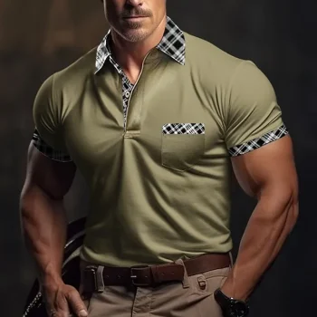 Men's Polo Shirt Button Up Polos Casual Sports Lapel Short Sleeve Fashion Basic Plaid Color Block Patchwork Pocket Summer Regular Fit Black Blue Orange Green Polo Shirt