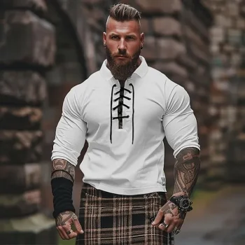 Men's Polo T shirt Tee Business Casual Lace Up Neck Long Sleeve Fashion Solid Color Vintage Style Summer Spring Regular Fit White Polo