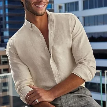 Men's Shirt Linen Shirt Button Up Shirt Beach Shirt Beige Long Sleeve Plain Lapel Spring & Fall Casual Daily Clothing Apparel