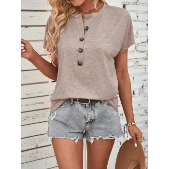 T shirt Tee Women's Black Pink Blue Solid Color Button Street Daily Fashion Round Neck S