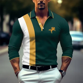 Men's Polo Shirt Button Up Polos Casual Sports Lapel Long Sleeve Fashion Basic Color Block Patchwork Embroidered Spring & Fall Regular Fit White Red Navy Blue Dark Green Polo Shirt