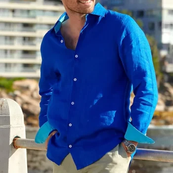 Men's Shirt Linen Shirt Button Up Shirt Beach Shirt Blue Long Sleeve Color Block Lapel Spring & Fall Casual Daily Clothing Apparel Splice