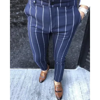 Men's Dress Pants Trousers Chinos Button Pocket Stripe Comfort Wedding Daily Fashion Classic Style Brown Dark Blue Micro-elastic
