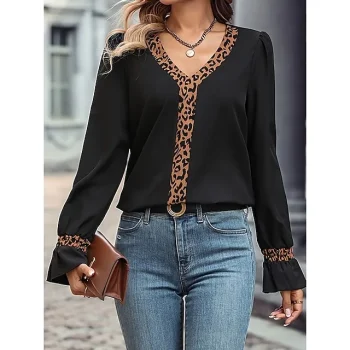 Shirt Blouse Women's Black Leopard Printing Street Daily Fashion V Neck Regular Fit S