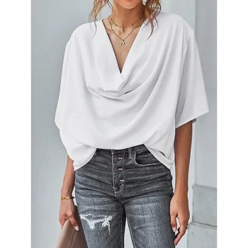Shirt Blouse Women's Black White Wine Solid Color Ruched Street Daily Fashion V Neck S