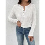 Shirt Blouse Women's White Solid Color Button Cut Out Street Daily Fashion Round Neck Regular Fit S
