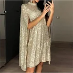 Women's Gold Christmas Dress Sequin Dress Party Dress Mini Dress Silver Black Long Sleeve Plain Sequins Spring Fall Winter Crew Neck Elegant Party Winter Dress S M L XL XXL