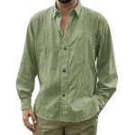 Men's Guayabera Shirt Linen Shirt Summer Shirt Beach Shirt White Blue Green Long Sleeve Plain Collar Party Office / Career Clothing Apparel