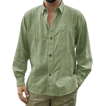 Men's Guayabera Shirt Linen Shirt Summer Shirt Beach Shirt White Blue Green Long Sleeve Plain Collar Party Office / Career Clothing Apparel