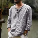 Men's Linen Shirt Summer Shirt Beach Shirt Maroon Black White Long Sleeve Solid Color Collarless Outdoor Street Clothing Apparel