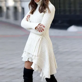 Women's Sweater Dress Knit Dress Jumper Dress Mini Dress Knitwear Elegant Stylish Pure Color Winter Dress Daily Holiday Date Turtleneck Long Sleeve Lace Ruched Layered Slim White S M L XL XXL