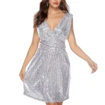 Women's Silver Sequin Dress Party Dress Sparkly Dress Metallic Dress Midi Dress Silver Sleeveless Summer Spring Fall V Neck Fashion Summer Dress