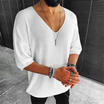 Men's T shirt Tee Knit Tee Long Sleeve Shirt Plain V Neck Casual Holiday Half Sleeve Clothing Apparel Fashion Lightweight Classic Casual