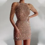 Women's Fringe Dress Pink Black Sequin Dress Party Dress Sparkly Dress Homecoming Dress Bodycon Mini Dress Black Sleeveless Tassel Beads Spring Crew Neck Hot Elegant /