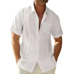 Men's Guayabera Shirt Linen Shirt Summer Shirt Beach Shirt Black White Light Blue Short Sleeve Plain Turndown Summer Outdoor Street Clothing Apparel Button-Down