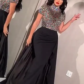 Women's Black Sequin Dress Prom Dress Party Dress Sparkly Dress Long Dress Maxi Dress Black Short Sleeve Color Block Summer Spring Fall Turtleneck Fashion Evening XS X