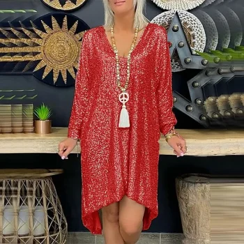 Women's Gold Sequin Dress Party Dress Sparkly Dress Black Dress Midi Dress Red Long Sleeve Winter Fall Spring V Neck Fashion Daily Loose Fit