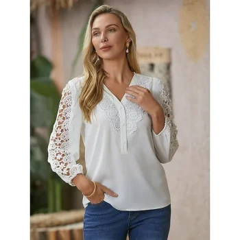 Women's Lace Shirt Shirt Blouse White Eyelet Tops Floral Graphic Butterfly Work Casual White Lace Button Cut Out Long Sleeve Elegant Vintage Fashion V Neck Spring Fall