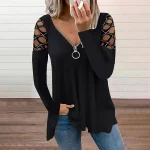 Women's Burgundy Tee Blouse Plain Casual Weekend Black Cut Out Flowing tunic Quarter Zip Long Sleeve Basic Off Shoulder Half Zip Regular Fit Fall & Winter