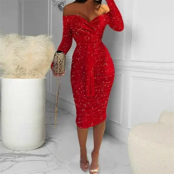 Women's Black Sequin Dress Party Dress Sparkly Dress Cocktail Dress Short Mini Dress Blue Red Black Long Sleeve Elk Snowflake Fall Winter Off Shoulder Fashion
