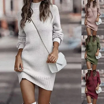 Women's Sweater Dress Jumper Dress Winter Dress Mini Dress Knitwear Fashion Stylish Pure Color Winter Dress Holiday Going out Weekend Turtleneck Long Sleeve Knit Regular Fit Black White Pink S M