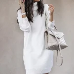 Women's Sweater Dress Winter Dress Shift Dress Mini Dress Pink Yellow Khaki Navy Blue Gray White Long Sleeve Pure Color Knit Winter Fall Turtleneck Stylish Mature 2022 S M L XL XXL 3XL
