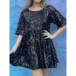 Women's Silver Sequin Dress Party Dress Sparkly Dress Homecoming Dress Mini Dress Black Purple Half Sleeve Summer Spring Fall Crew Neck Summer Dress Loose Fit