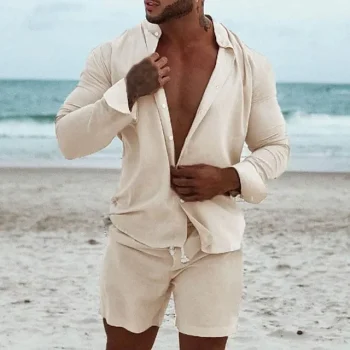Men's 2 Piece Shirt Set Summer Set Summer Shirt Beach Shirt Purple Apricot Long Sleeve Plain Collar Summer Street Daily Clothing Apparel 2 Piece