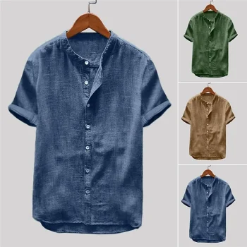 Men's Summer Shirt Beach Shirt Blue Green Khaki Short Sleeve Plain Collar Summer Casual Daily Clothing Apparel