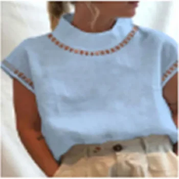 Women's Shirt Blouse Turtleneck shirt White Eyelet Tops Plain Casual White Blue Cut Out Short Sleeve Basic Standing Collar Regular Fit