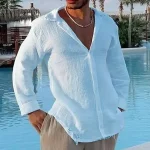 Men's Linen Shirt Summer Shirt Beach Shirt White Blue Khaki Long Sleeve Plain Turndown Summer Casual Daily Clothing Apparel