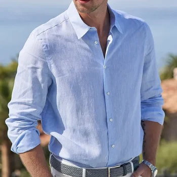 Men's Linen Shirt Casual Shirt Summer Shirt Beach Shirt White Pink Blue Long Sleeve Plain Lapel Spring & Summer Hawaiian Holiday Clothing Apparel Basic